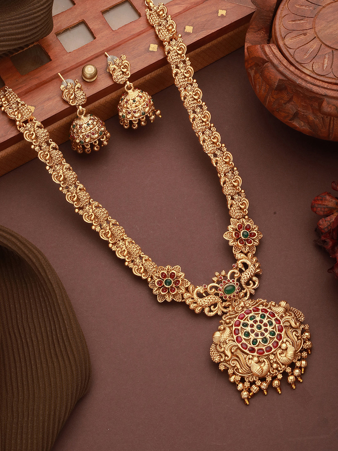 Antique Gold Plated Red & Green Kempo Temple Floral Peacock Long Haram Jhumka Jewellery Set